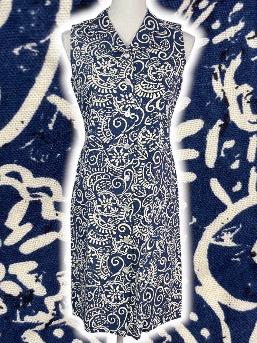 Linen Blend Batik Dress 6P Button Through Navy Blue White Island Hawaiian Collar